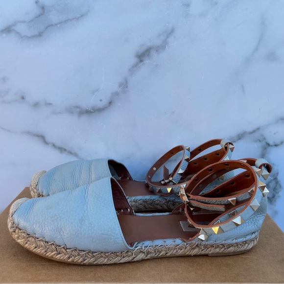 Valentino Rockstud textured leather ankle-wrap espadrille flat sandal IT 39 US 9 - Picture 8 of 16